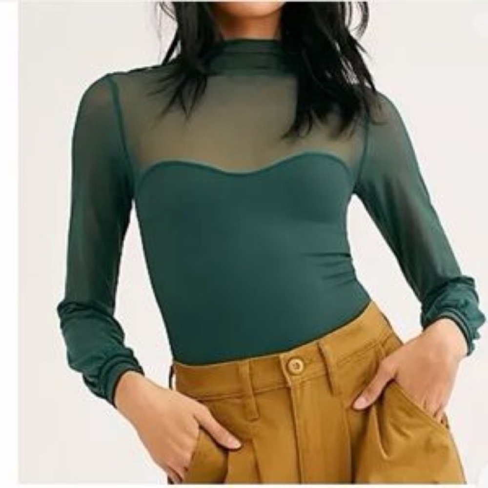 Free People Forest Green Sheer Mock Neck Long Sleeve Top